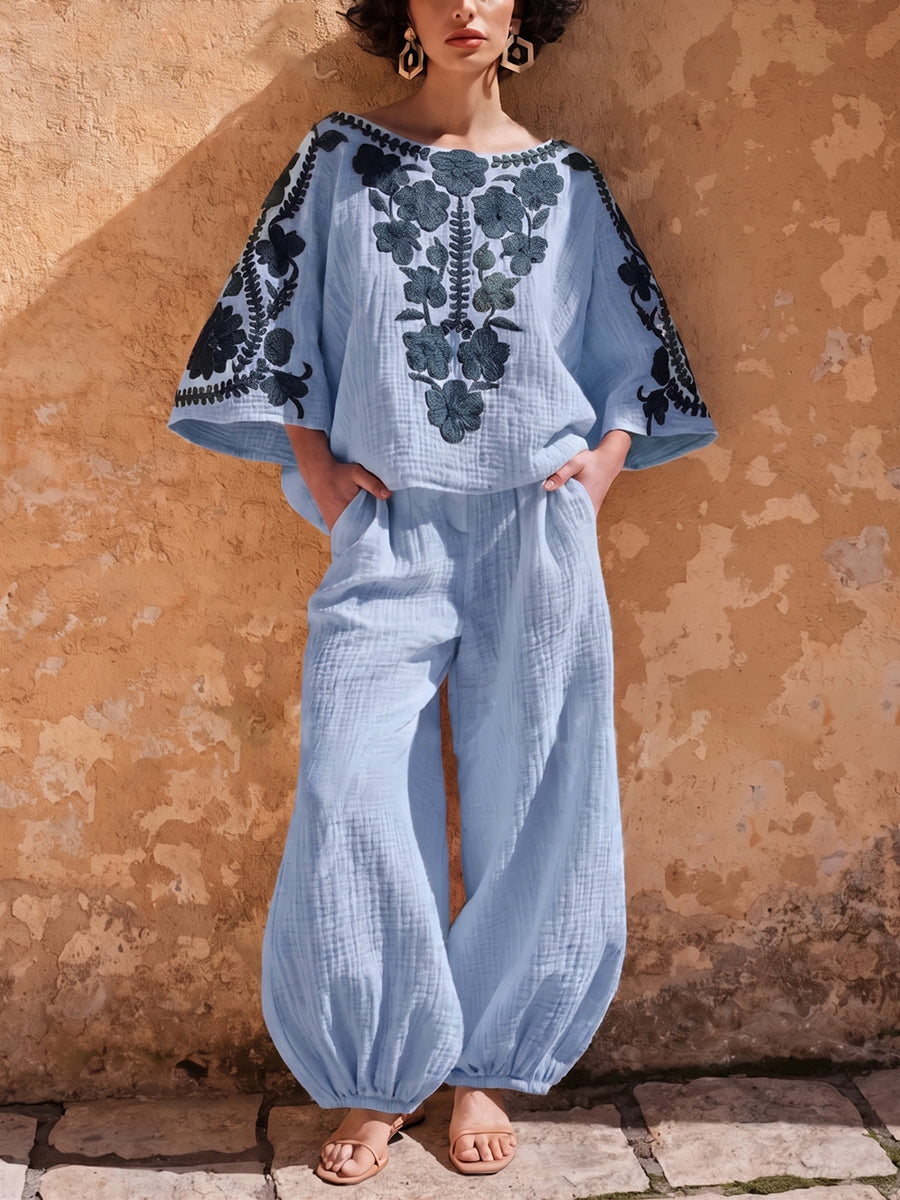 Bohemian Floral Bouquet Print Cotton-linen Two-piece Set