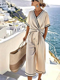 Women'S Loose Striped Printed Knot Wide Leg Pants Set