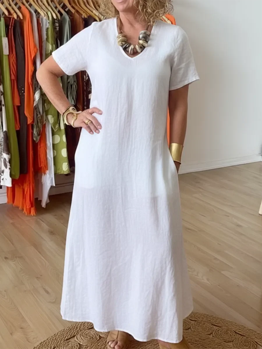 Elegant Diamond-neck Linen Midi Dress