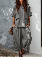 Loose-fitting, Casual Linen And Cotton Two-piece Set (top And Trousers)