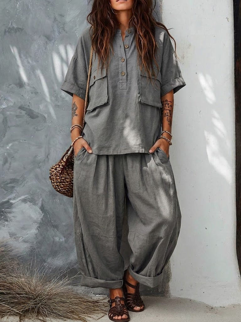 Loose-fitting, Casual Linen And Cotton Two-piece Set (top And Trousers)