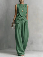 Women's Casual Simple Sleeveless Striped Cotton Linen Set