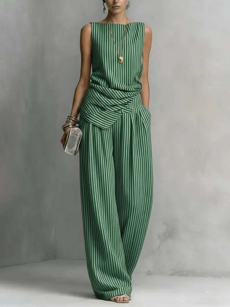 Women's Casual Simple Sleeveless Striped Cotton Linen Set