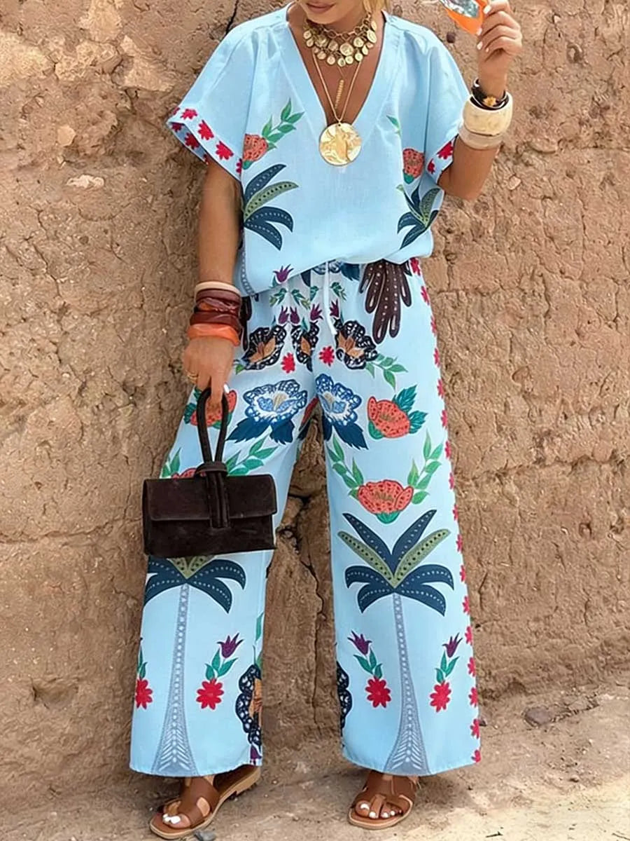 Women's Casual Cotton-linen Set: V-neck Short-sleeve Loose-fit Top With Placement Print & Elastic-waist Wide-leg Pants