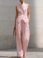Women's Stand-up Collar Sleeveless Casual Loose Top And High-waisted Casual Loose Wide-leg Pants Cotton Set