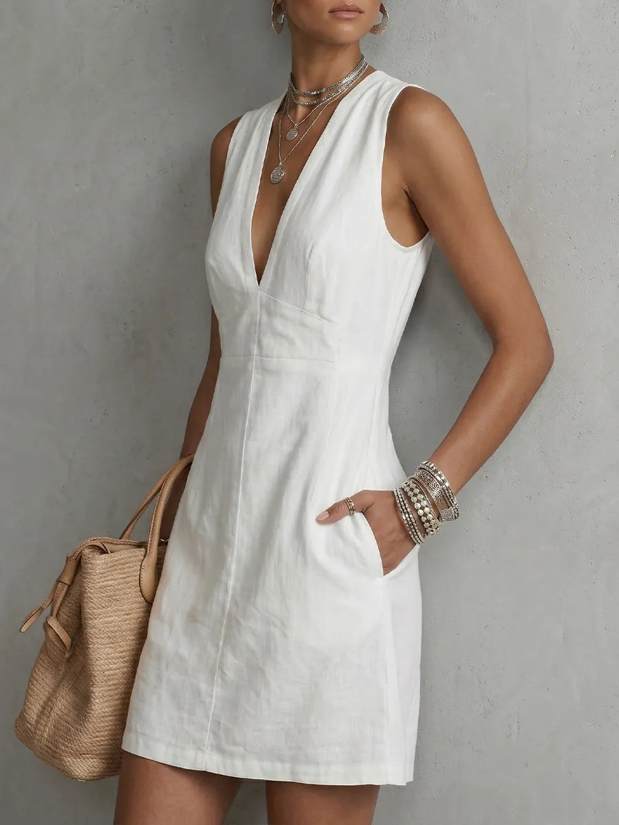 Women's Sleeveless V-neck Cotton-linen Dress