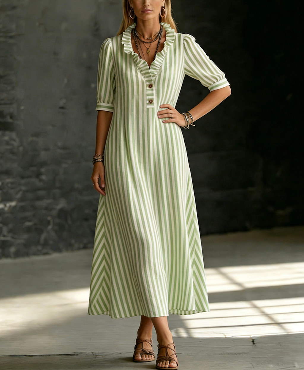 Elegant Ruffled-collar Striped Cotton-linen Dress