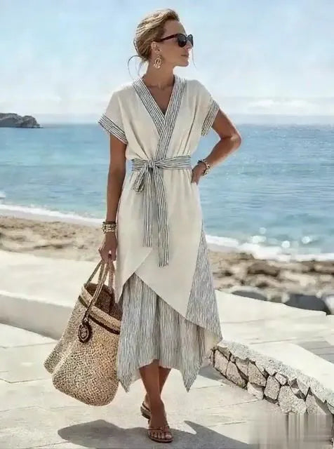 WOMEN'S CASUAL CONTRASTING STRIPED HALF SKIRT DRESS TWO-PIECE SET