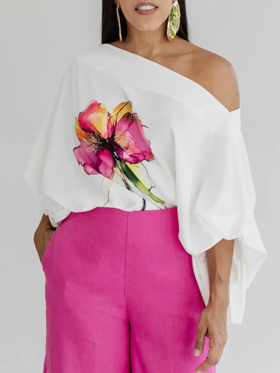 Stylish And Comfortable Two-piece Set: Floral-print Linen-cotton Top And Solid-color Trousers