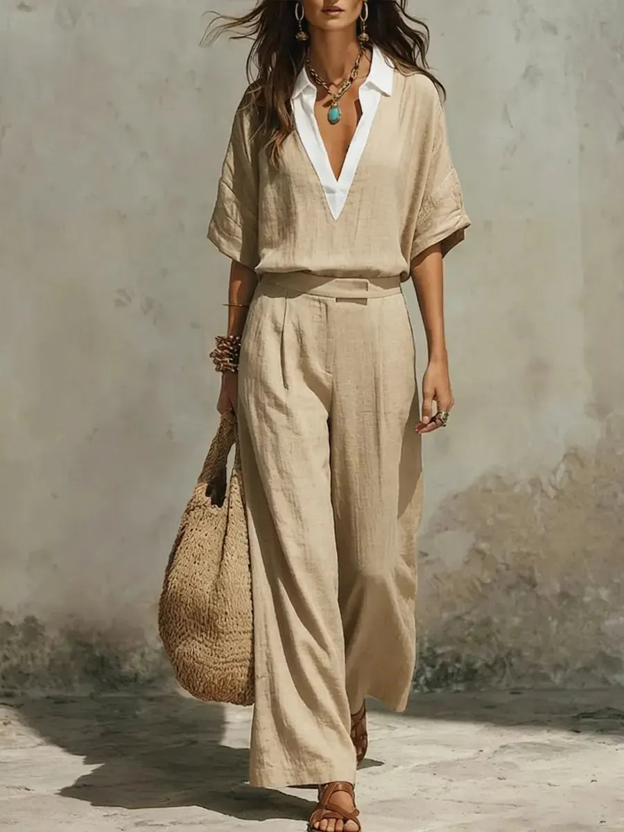 Women's Simple V-neck Cotton And Linen Set