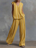 Women's V-neck Sleeveless Cotton Top High-waisted Casual Loose Cotton Wide-leg Pants Set