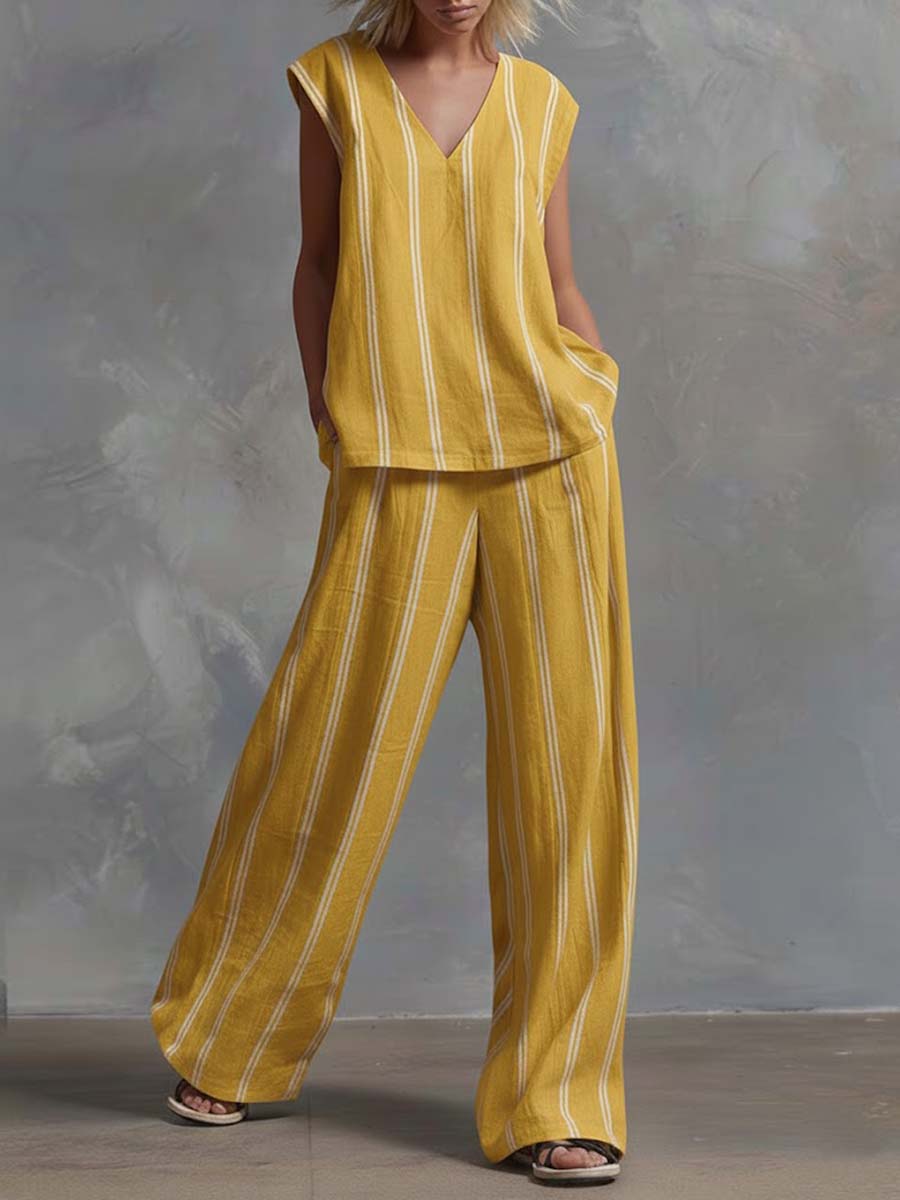 Women's V-neck Sleeveless Cotton Top High-waisted Casual Loose Cotton Wide-leg Pants Set