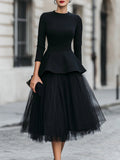 Women's Round-neck 3/4-sleeve Loose Casual Top & High-waisted Mesh Skirt Set