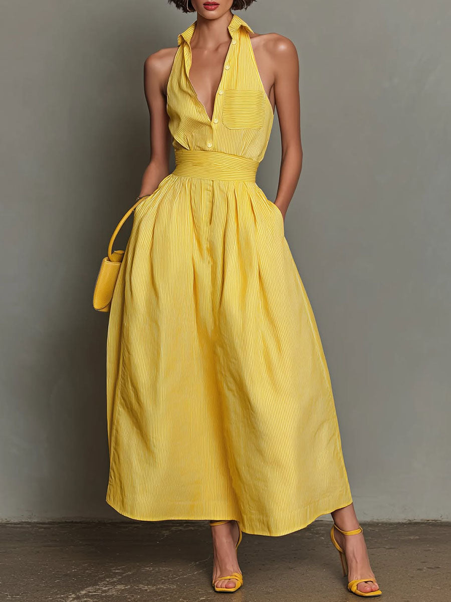 Women's Striped Print Lapel Sleeveless Casual Loose Cotton-linen Top & High-waisted A-line Skirt Set