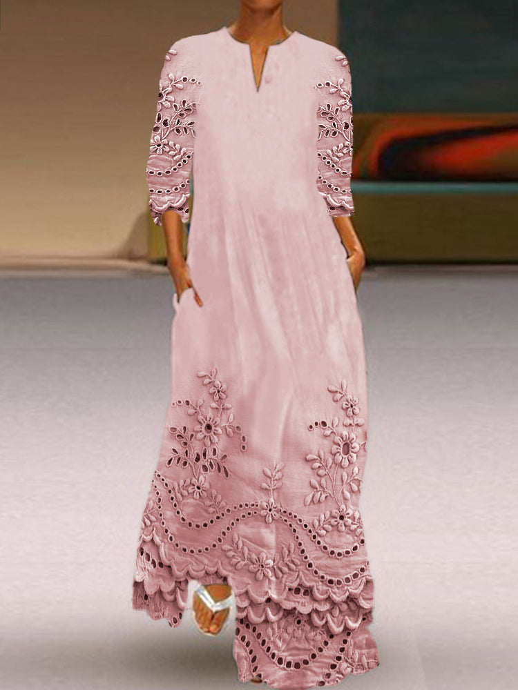 Cottage Floral Embroidered Lace Hem Flowy Maxi Dress