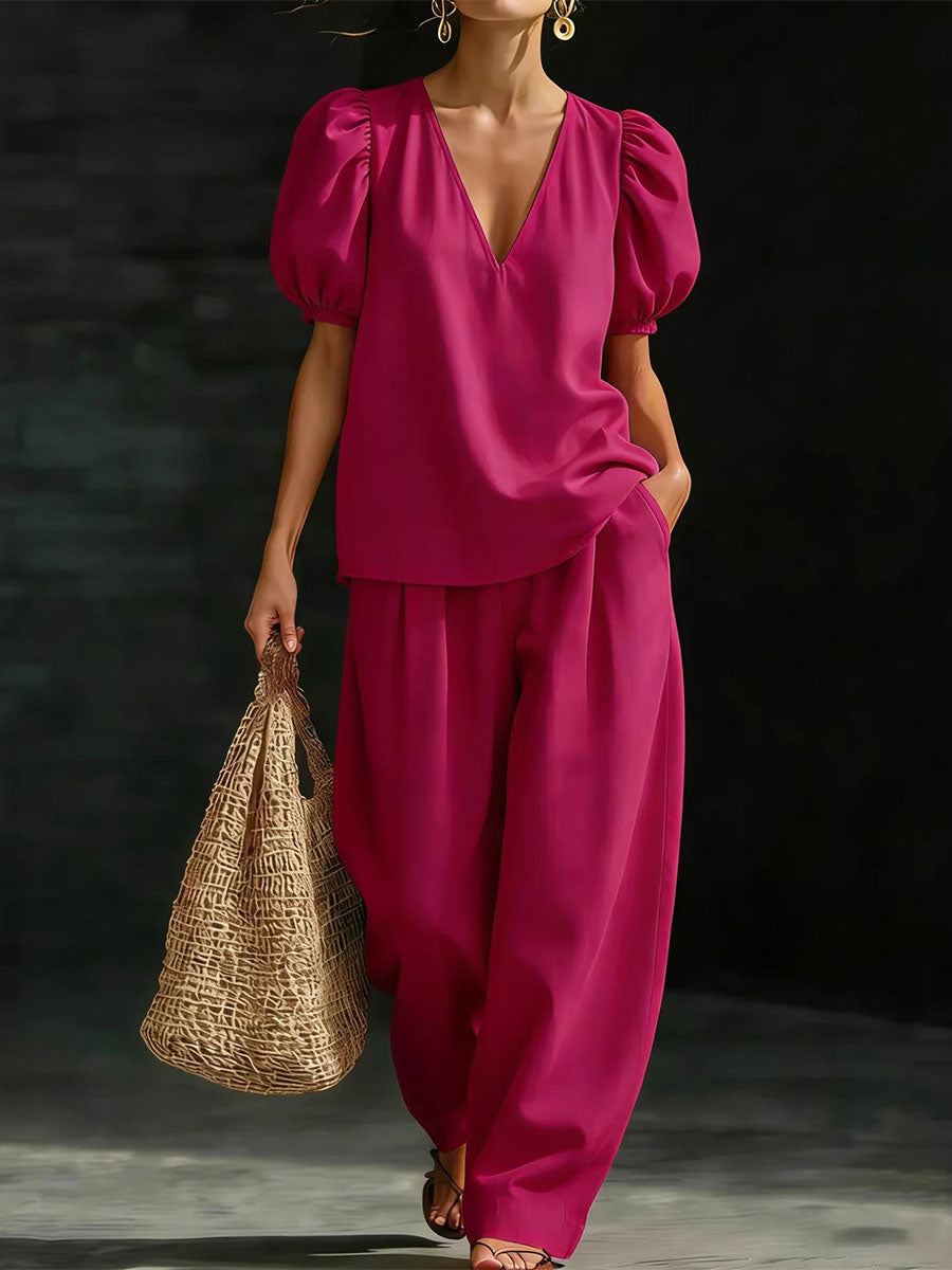 Women's Puff-sleeve V-neck Short-sleeve Casual Set