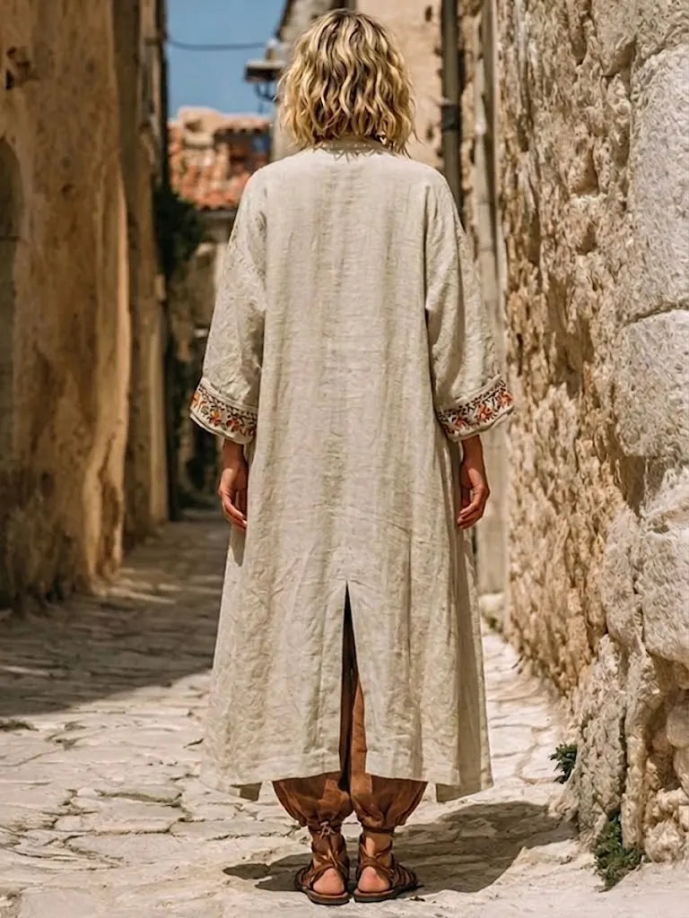 Bohemian Three-piece Set: Ethnic-print Cotton-linen Long Cardigan, Sleeveless Top, And Trousers