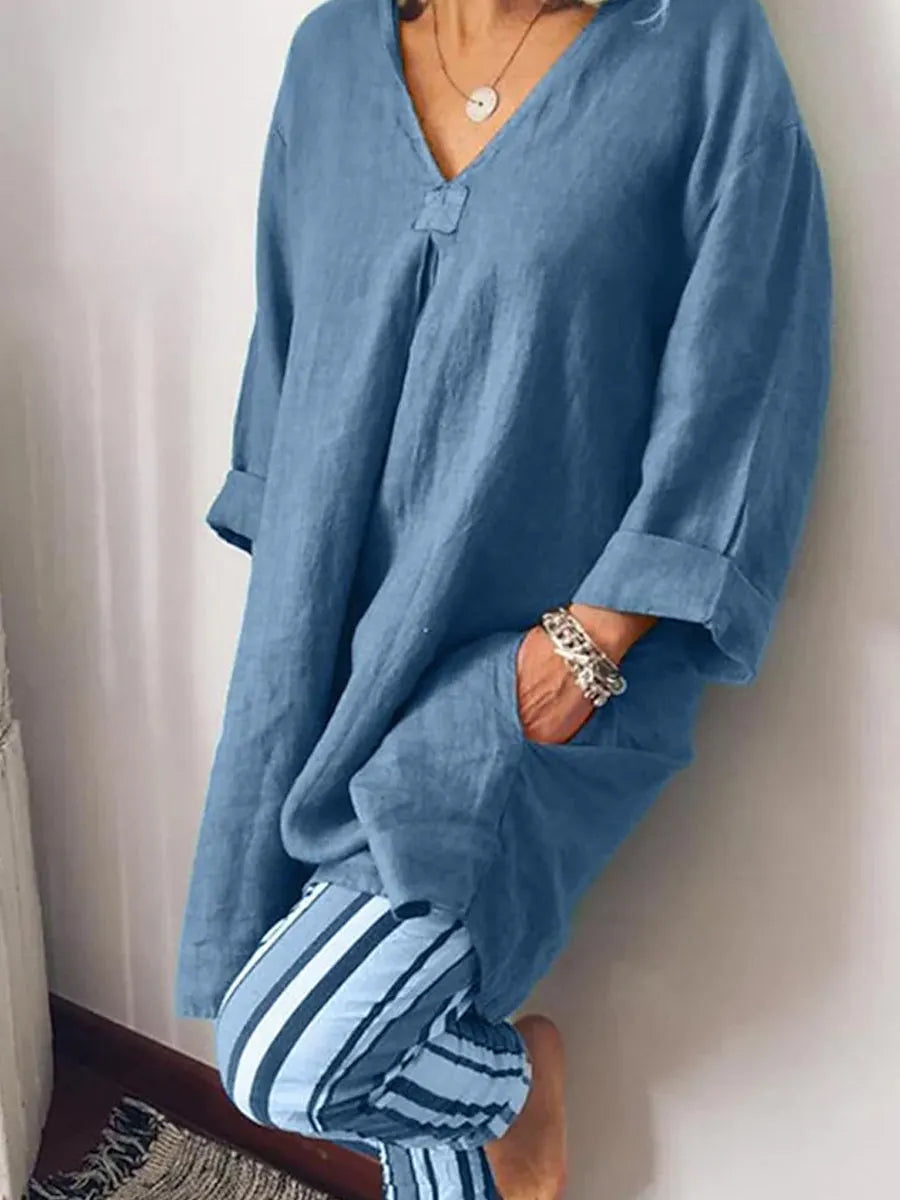 Casual Plain V Neck Long Sleeve Loose Shirt & Striped Pants 2Ps Set