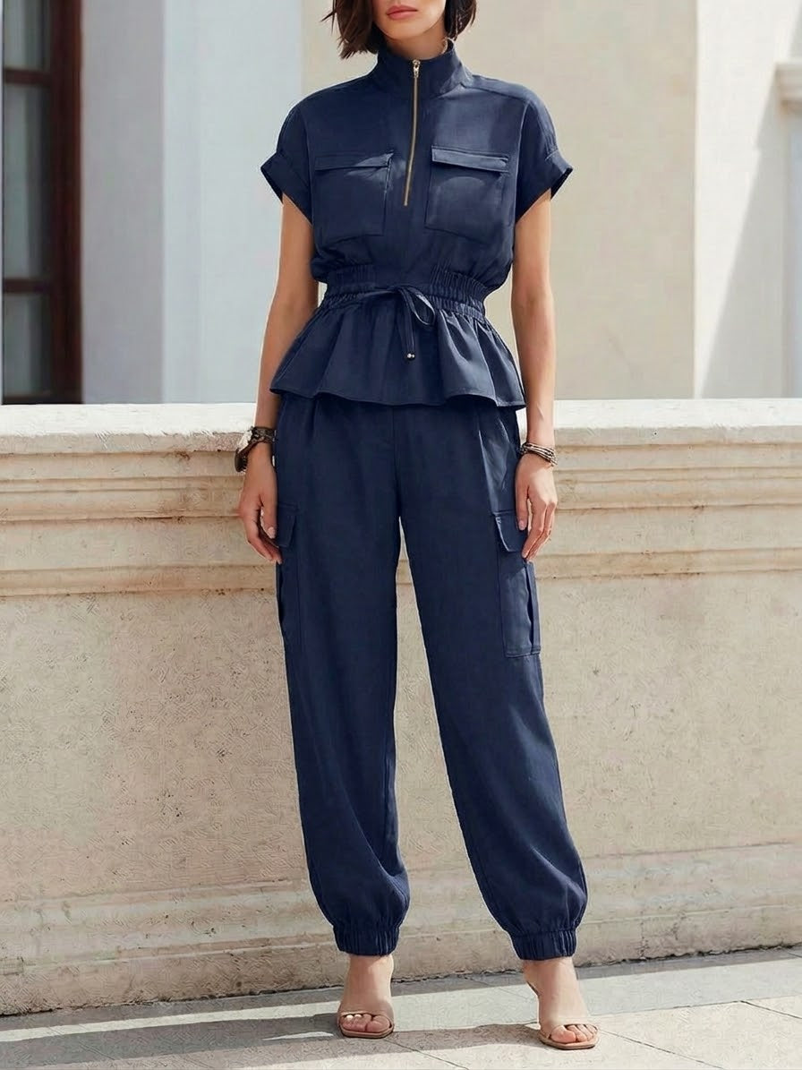 Casual Workwear Style Half-zip Top And Pants Two-piece Set