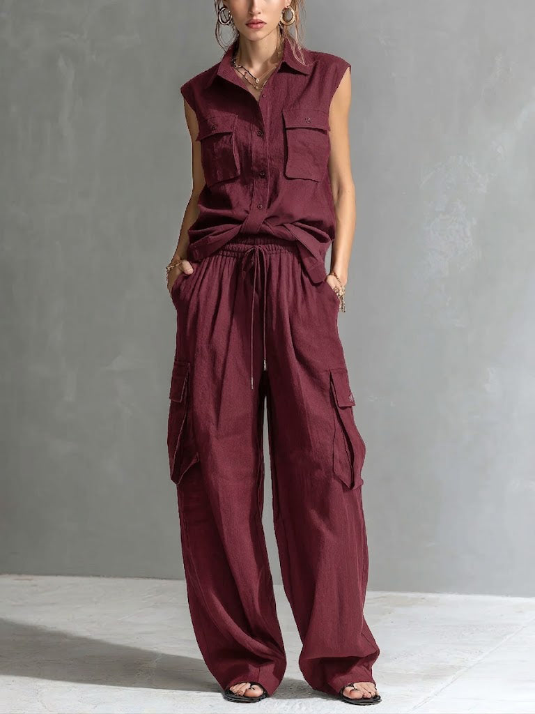 Women's Casual Cotton-linen Sleeveless Shirt And Pants Set