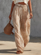 Cotton-linen Cropped T-shirt + Leopard Print Wide-leg Pants Set