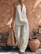 Cozy Minimalist Loose-fit Cotton-linen Two-piece Set