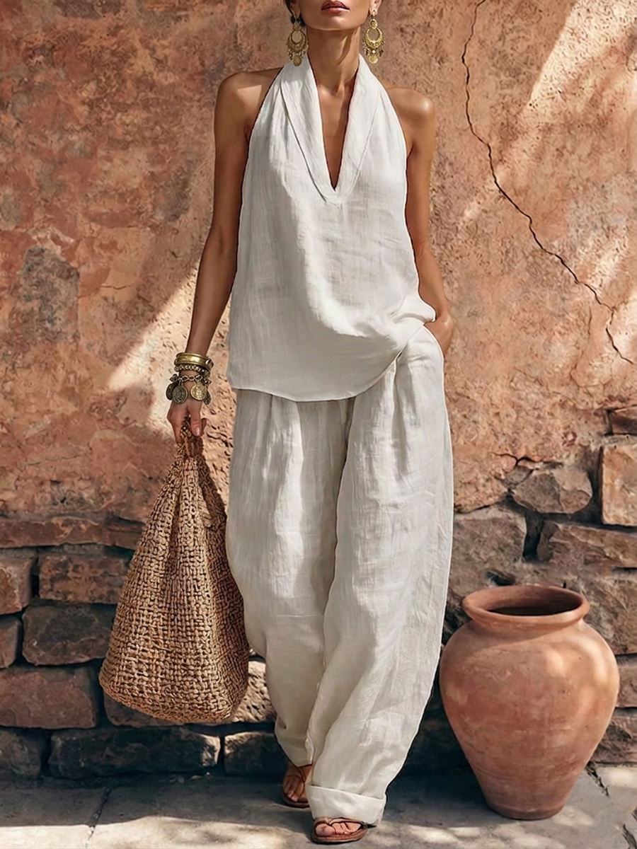Cozy Minimalist Loose-fit Cotton-linen Two-piece Set