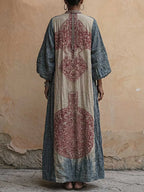 Women's Vintage-print V-neck 3/4-sleeve Casual Loose Cotton-linen Dress