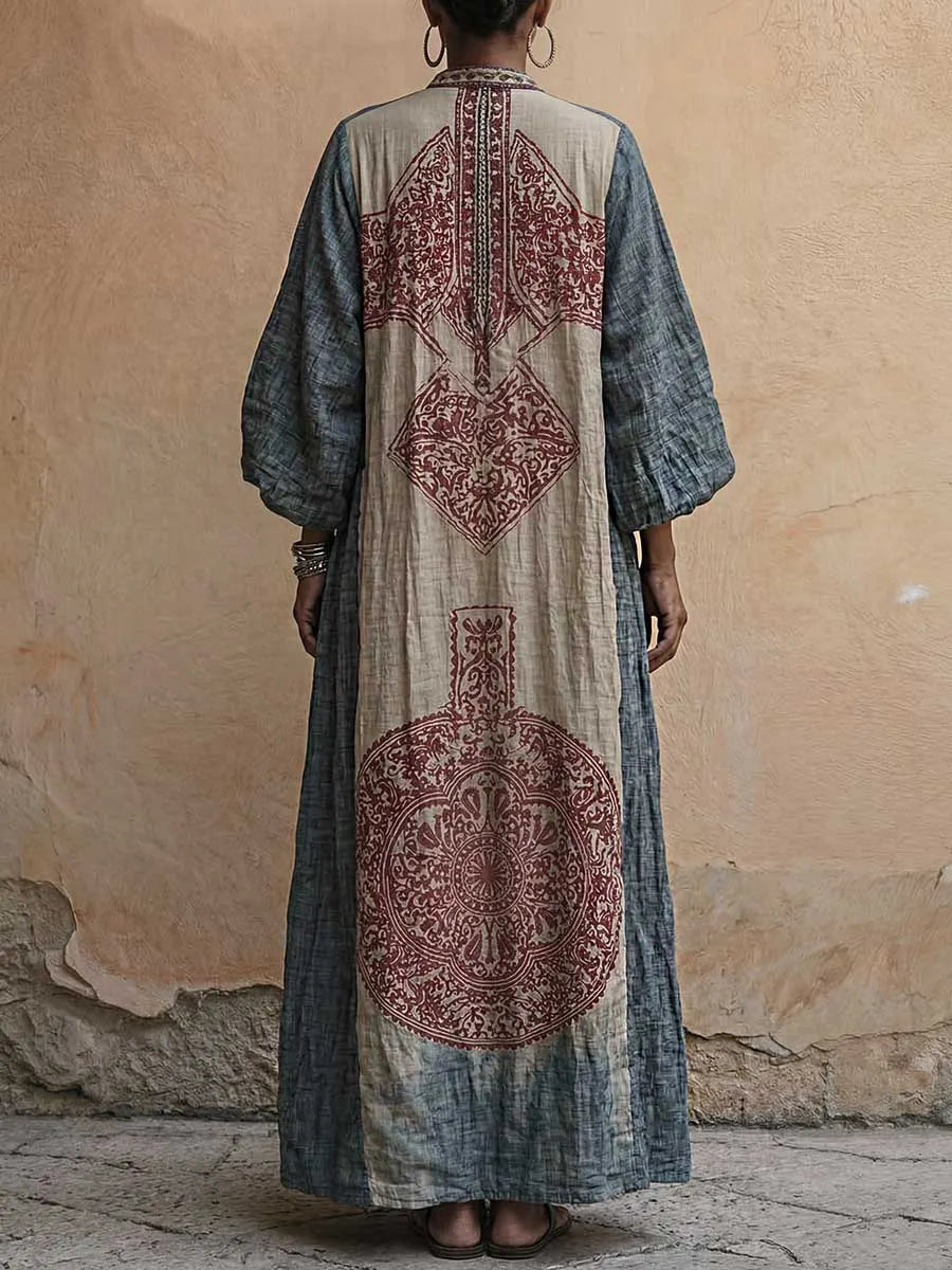 Women's Vintage-print V-neck 3/4-sleeve Casual Loose Cotton-linen Dress