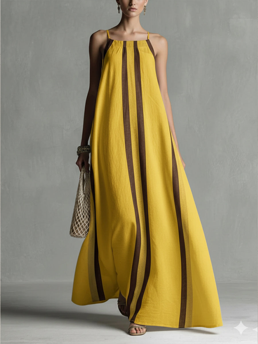 Casual Striped Linen And Cotton Maxi Sleeveless Dress