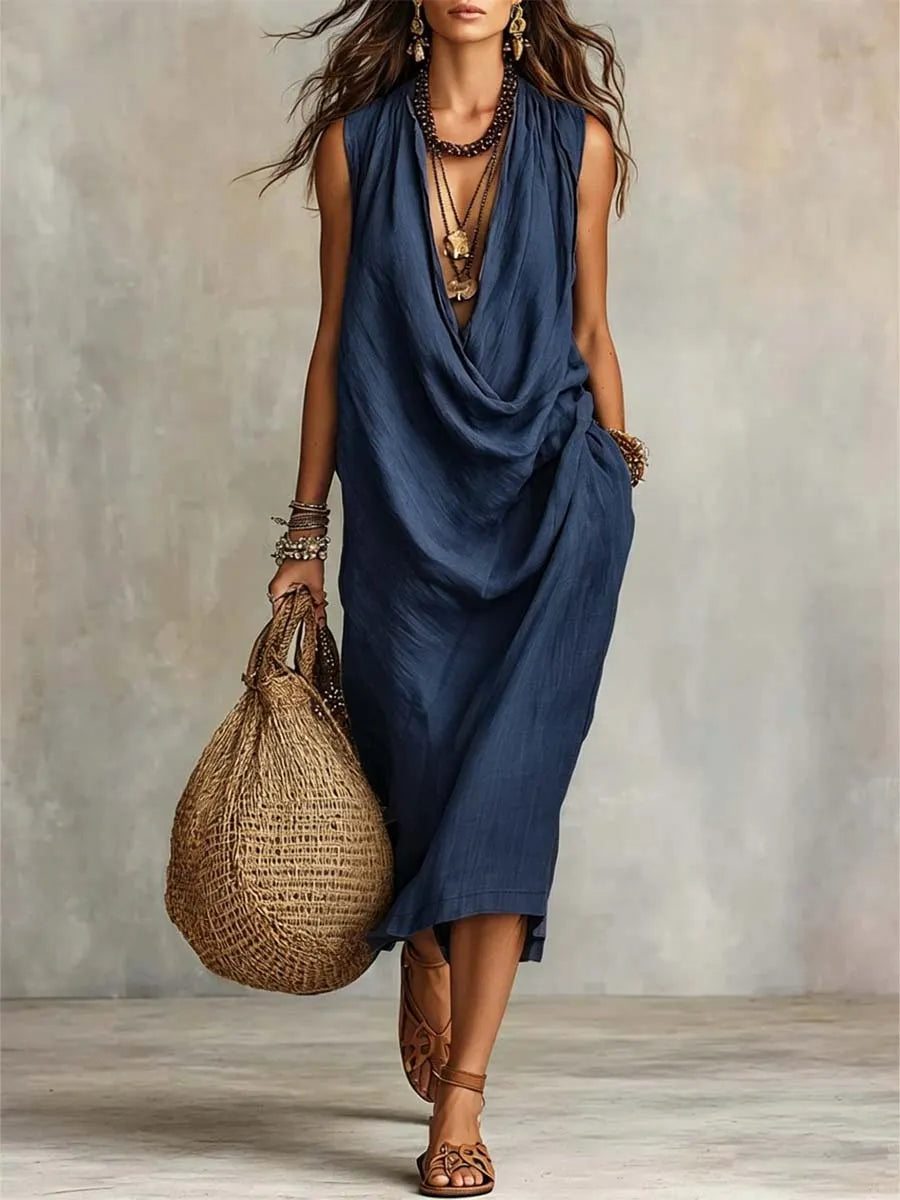 Women's Solid Color Swing Collar Art Stylish Cotton Linen Casual Dress