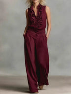 Women's Simple Linen Sleeveless Casual Shirt And Wide-leg Pants Set