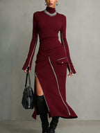 Women's High-neck Zipper Long-sleeved Long Skirt Casual Fashion Solid Color Set