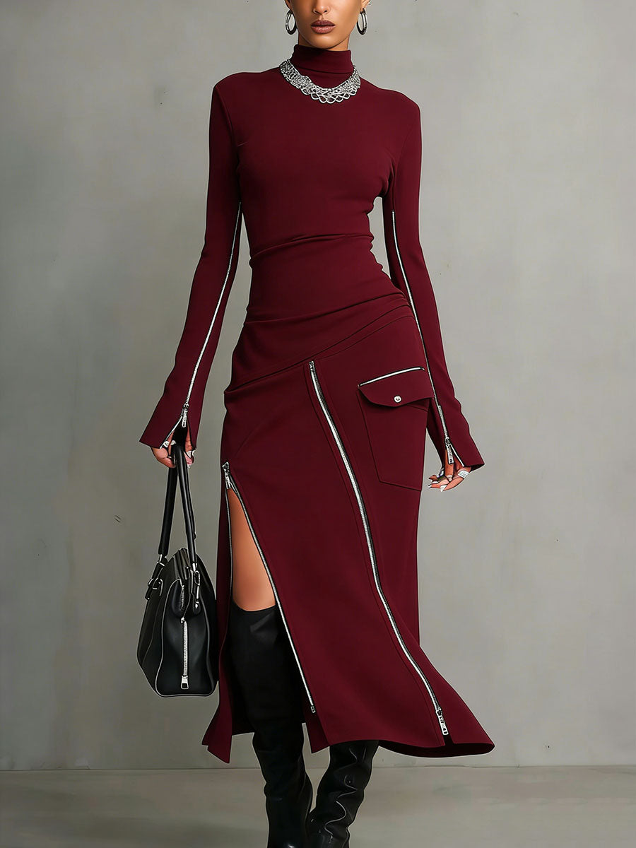 Women's High-neck Zipper Long-sleeved Long Skirt Casual Fashion Solid Color Set