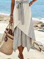 WOMEN'S CASUAL CONTRASTING STRIPED HALF SKIRT DRESS TWO-PIECE SET