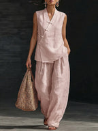 Stylish & Cozy Frog Closures Cotton-linen Two-piece Set