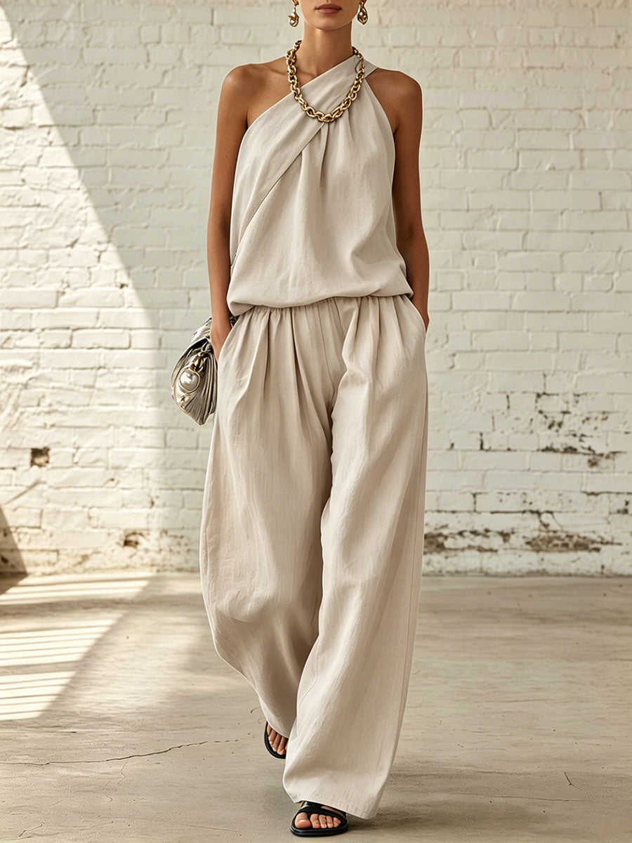 Solid-color Sleeveless Solid-color Double-layer Top & Wide-leg Pants Set
