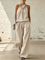 Solid-color Sleeveless Solid-color Double-layer Top & Wide-leg Pants Set