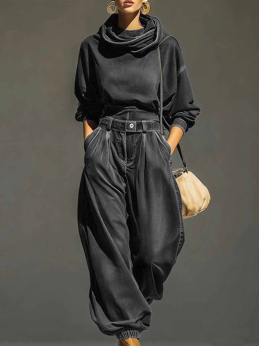 Women's Swing Collar Long-sleeved Casual Loose Denim Top And High-waisted Loose Wide-leg Denim Pants Set.