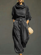 Women's Swing Collar Long-sleeved Casual Loose Denim Top And High-waisted Loose Wide-leg Denim Pants Set.