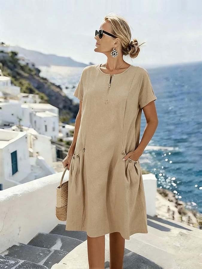Women'S Casual Loose-Fitting Solid Color Cotton And Linen Dress