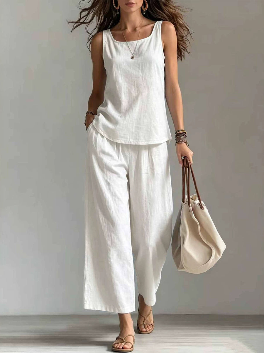 Women's Square-neck Sleeveless Cotton-linen Top And Pants Set