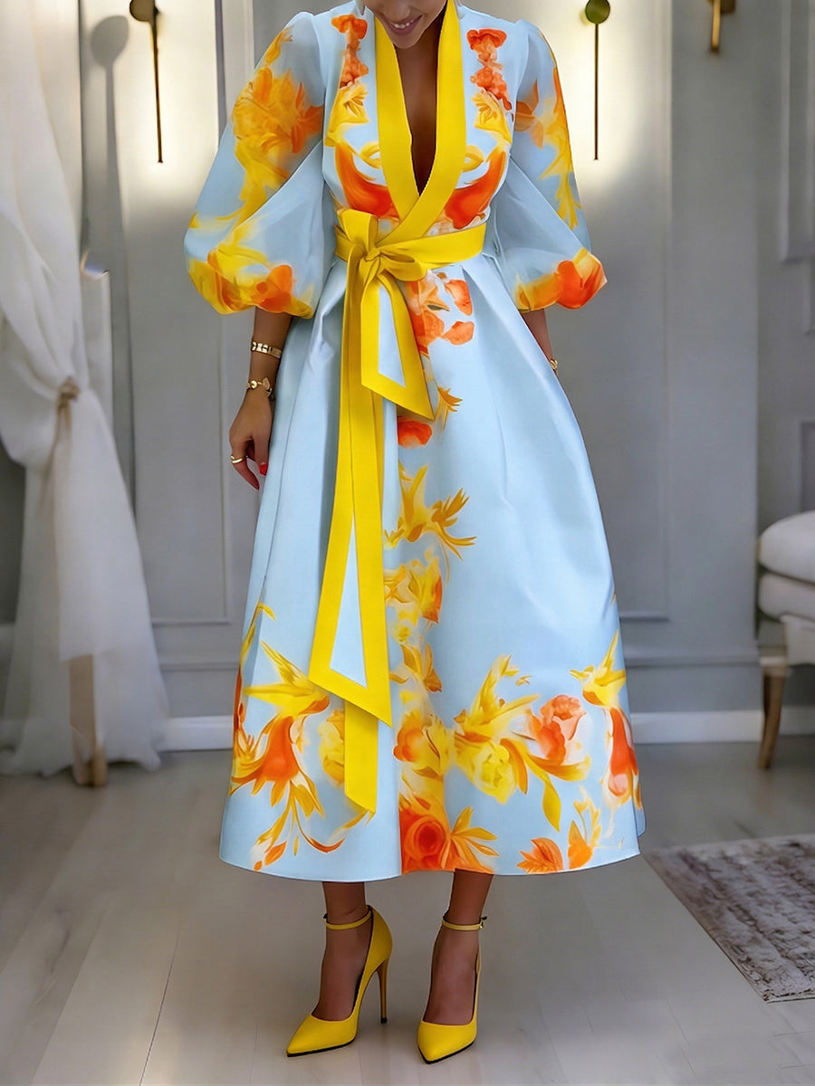 Elegant Retro Color-block Floral Print Dress With Belt