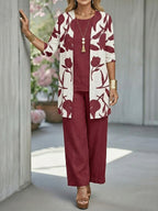 Casual Linen And Cotton Floral Print Cardigan And Sleeveless Top And Pants Three-piece Set