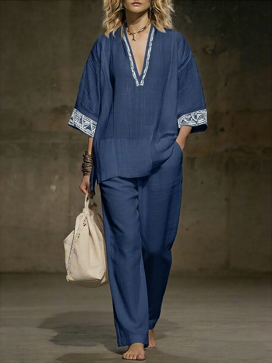 Women's V-neck 3/4 Sleeve Casual Loose Cotton Linen Top And High-waisted Casual Loose Wide-leg Pants Cotton Linen Set