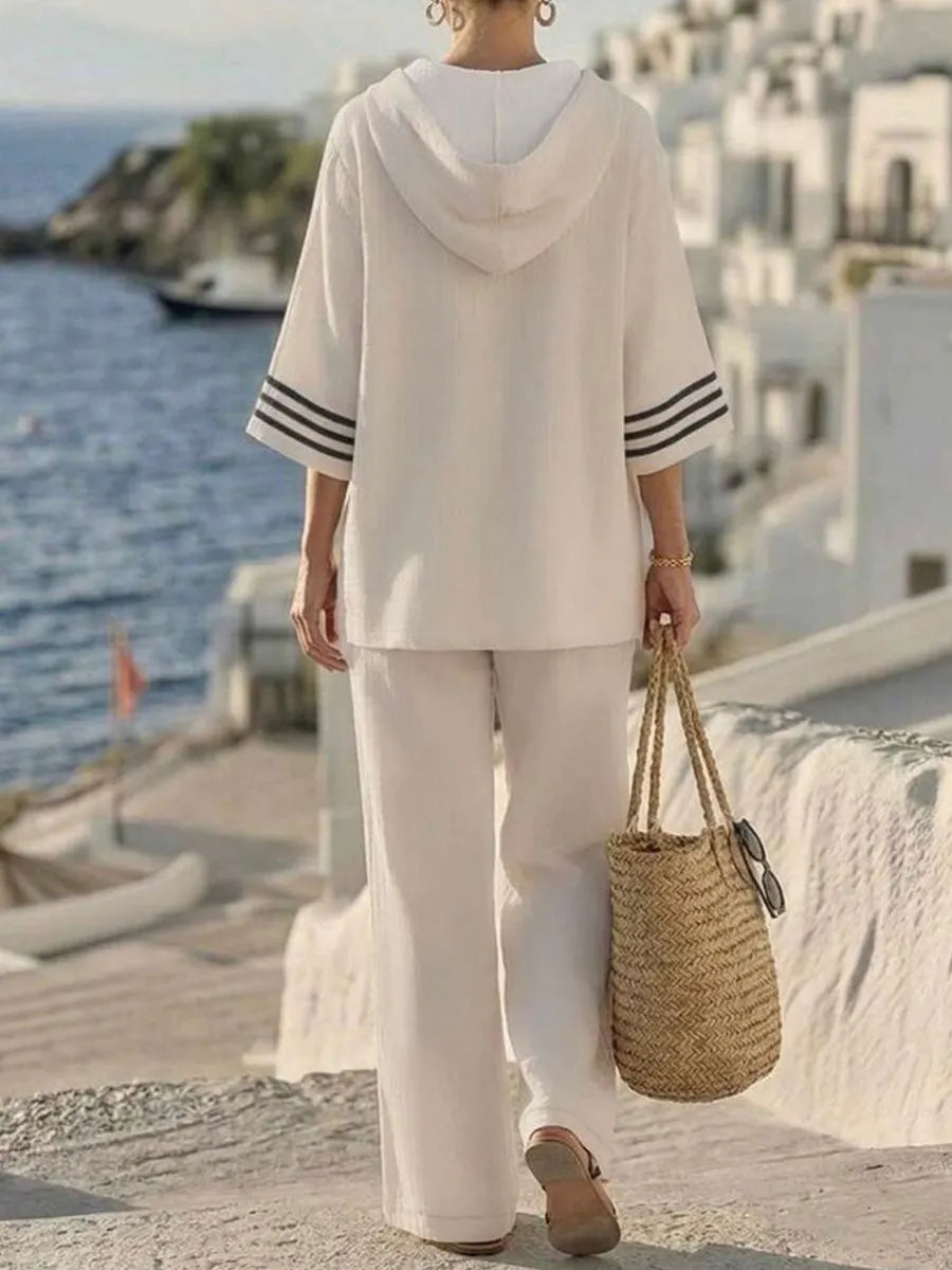Women's Casual Loose Hooded Top V-neck 3/4 Sleeves & High-waisted Loose Cotton-linen Wide-leg Pants Set