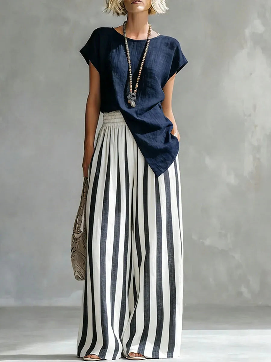 Cozy Loose-fit Striped Cotton-linen Two-piece Set