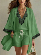 Casual Bohemian Linen And Cotton Cardigan, Sleeveless Top, And Shorts Three-piece Set