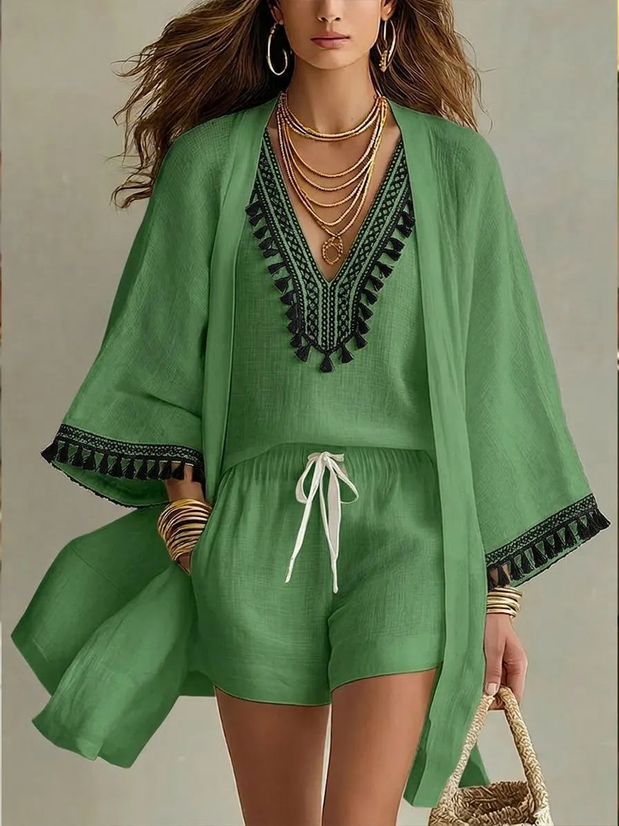 Casual Bohemian Linen And Cotton Cardigan, Sleeveless Top, And Shorts Three-piece Set