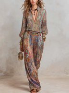 Boho Vintage Print Shirt & Wide-Leg Pants Two-Piece Set